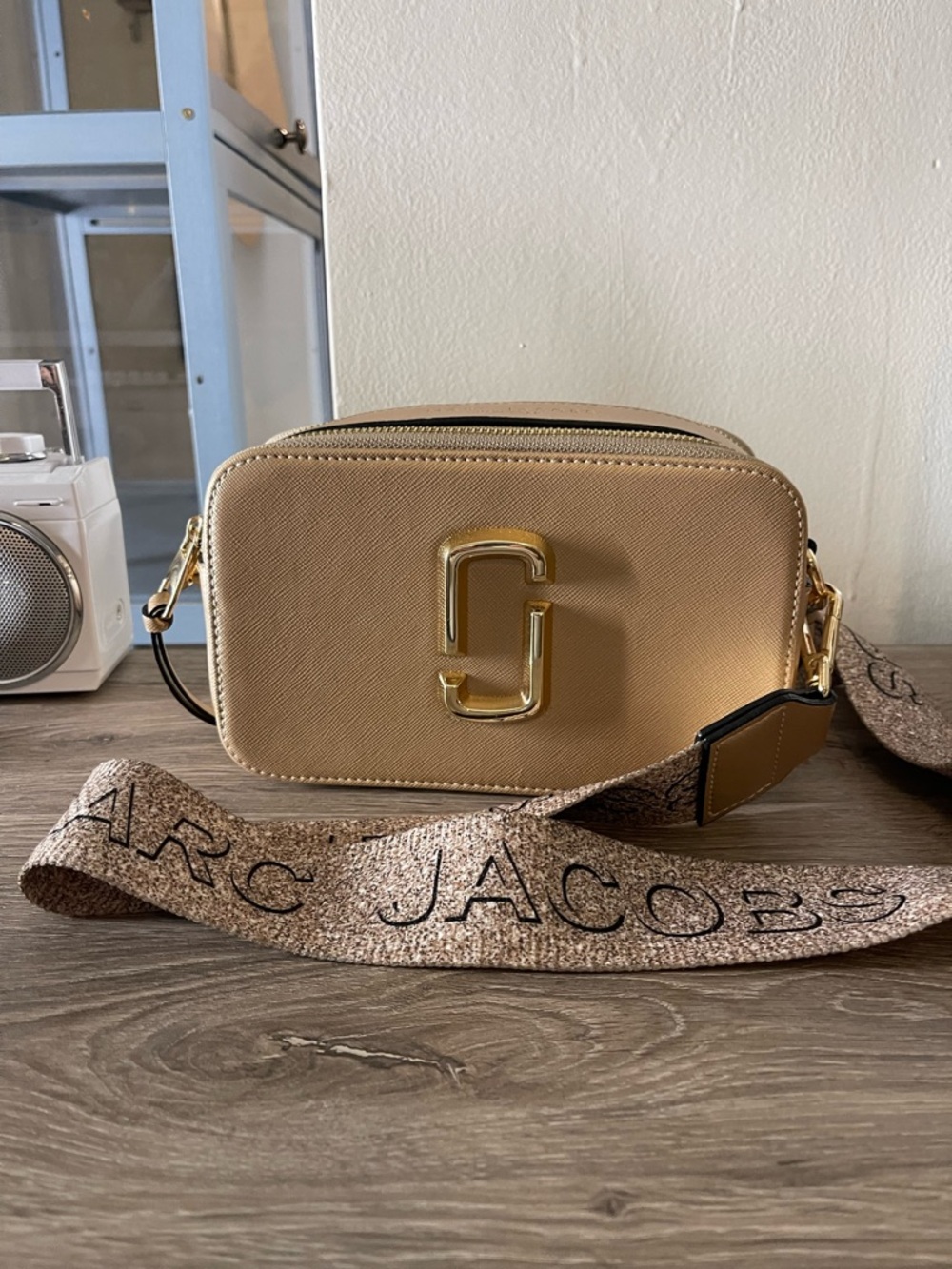 Marc Jacobs Tan Saffiano Snapshot Crossbody with Branded Strap